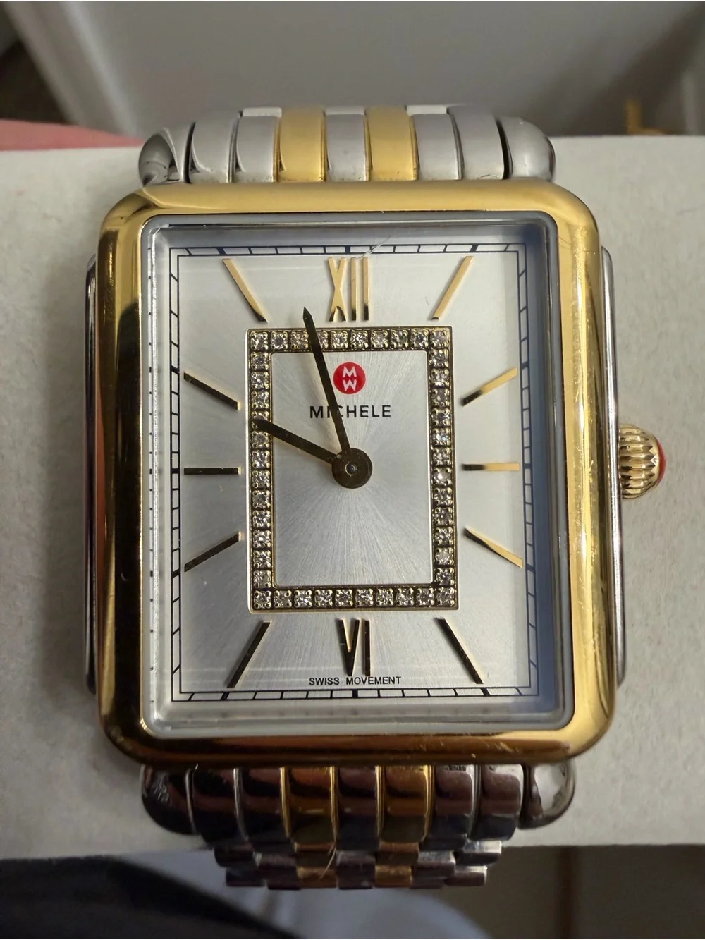 Michele Two-Tone Gold and Silver Rectangular Diamond Accent Dress Watch